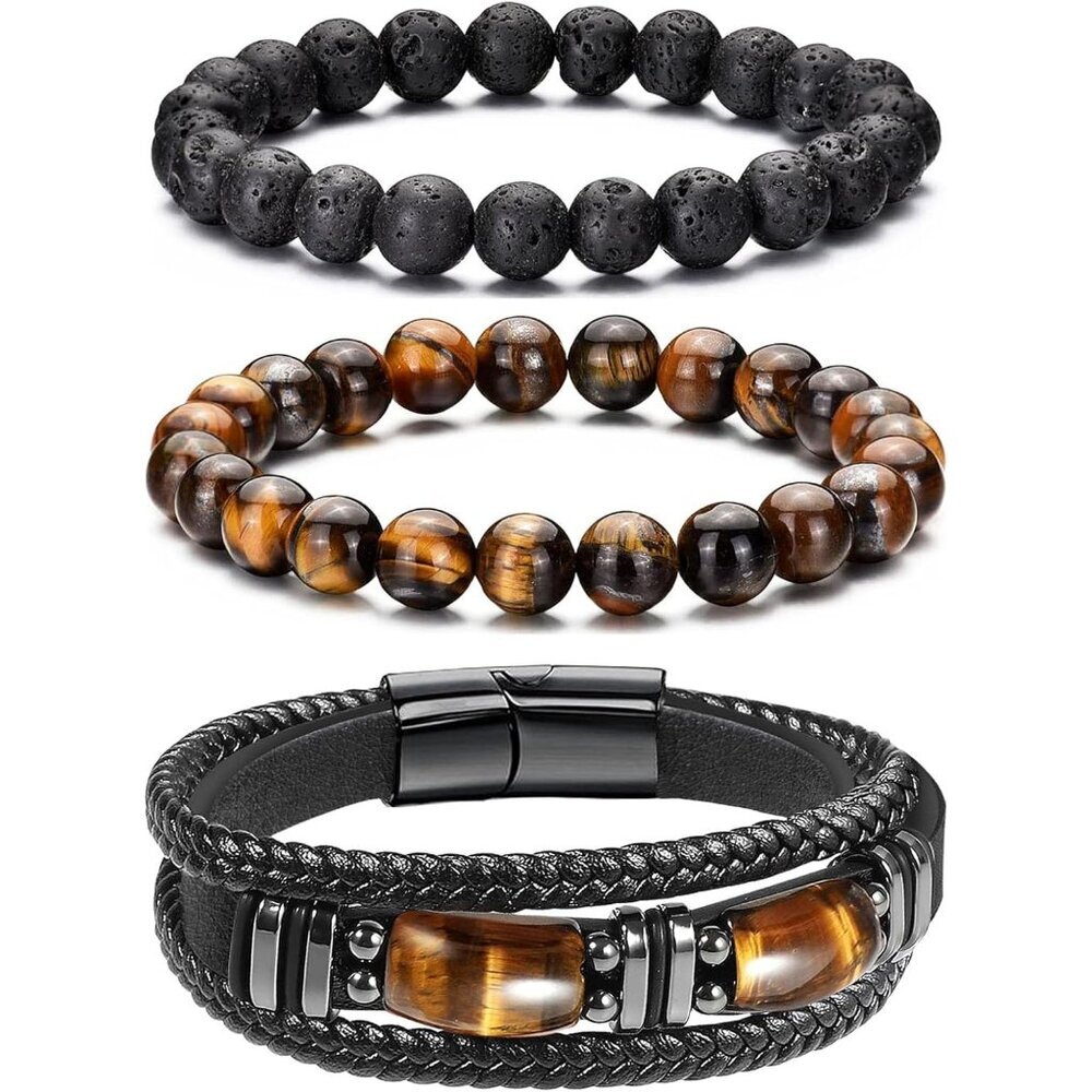 Gift-Ready Men's Leather & Lava Rock Bracelet Set - Perfect for Any Celebration